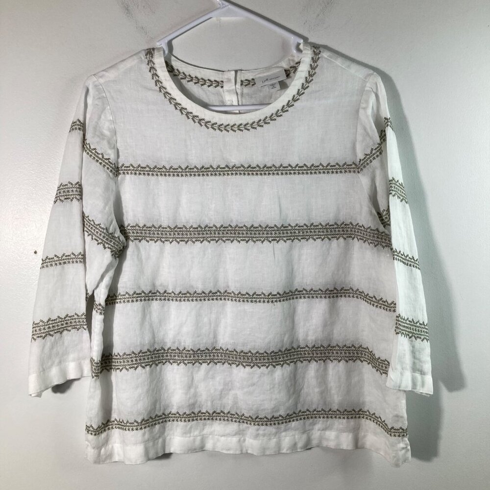 Womens‎ J Jill Love Linen Linen Embroidered Striped Tunic 3/4 Sleeve MP